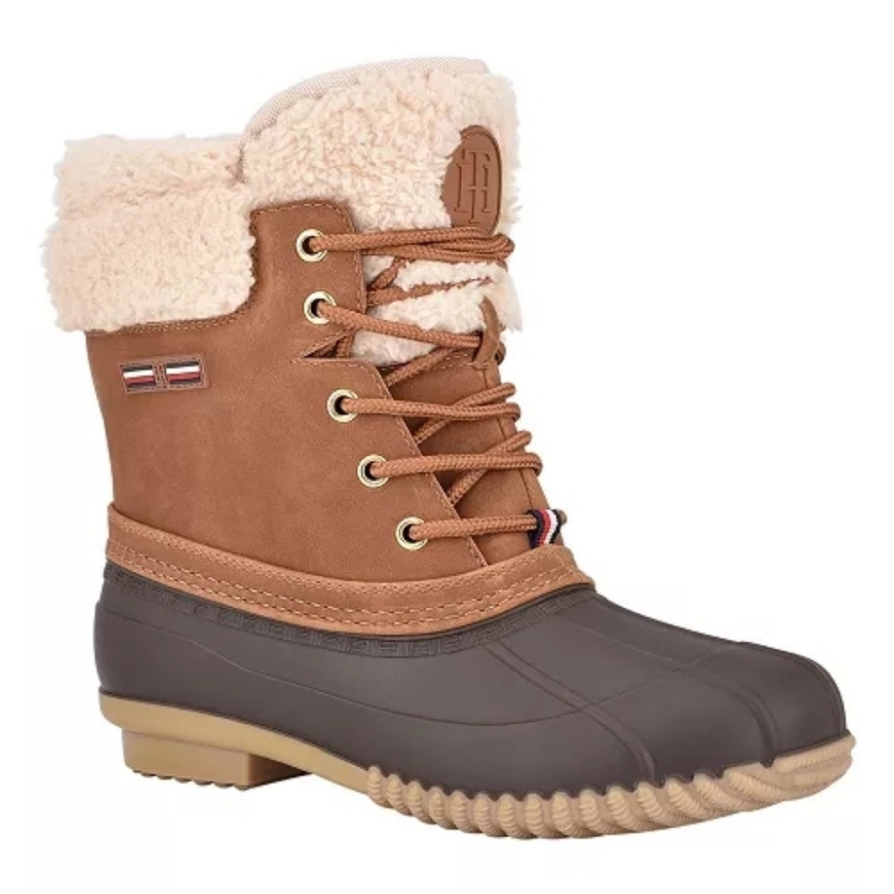 🔴SALE! Tommy Hilfiger Tan Sherpa Cuff Lined Rain Mysty Duck Boots Size 6